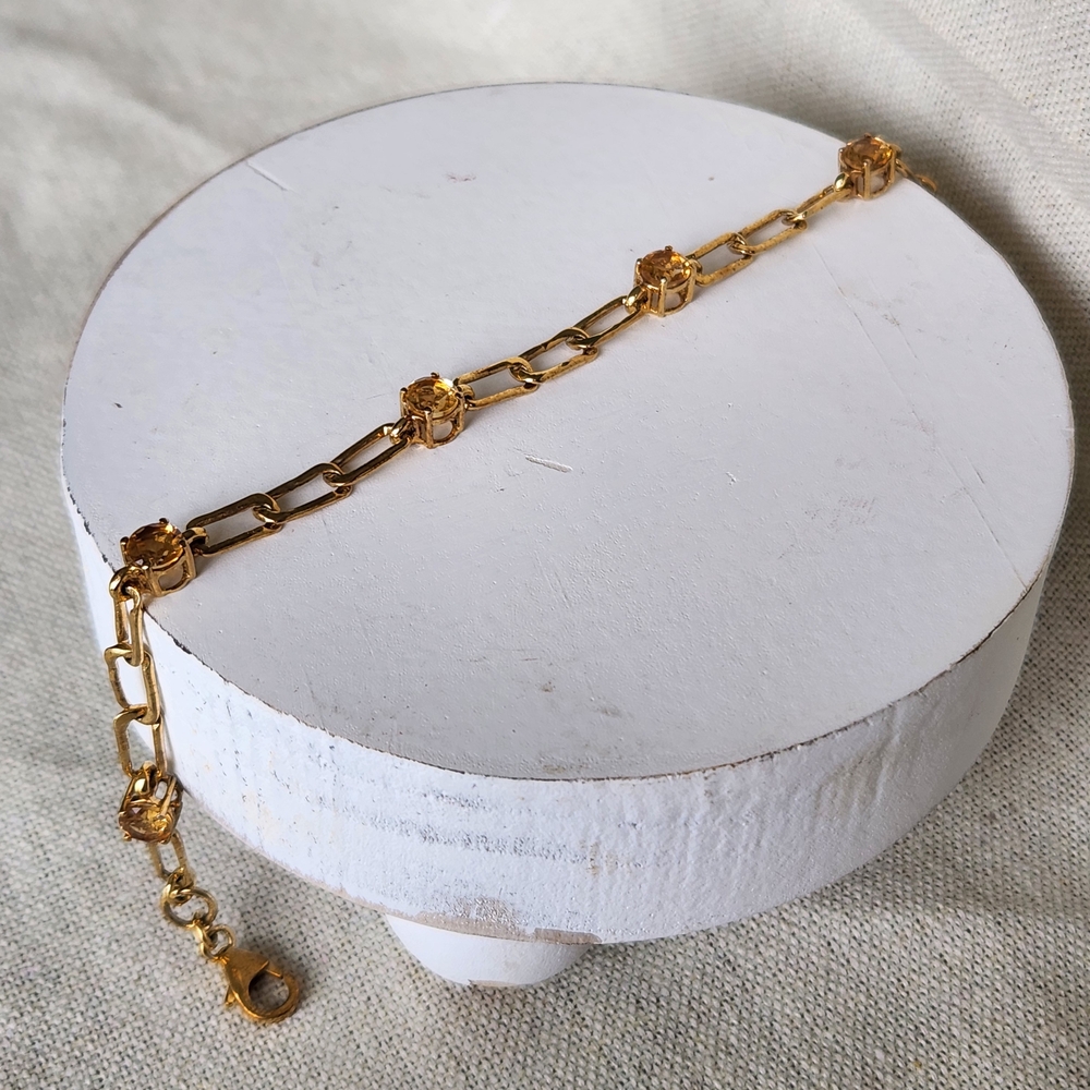 Gold Paperclip Chain Citrine Station Bracelet, 7" + 0.5" Extender